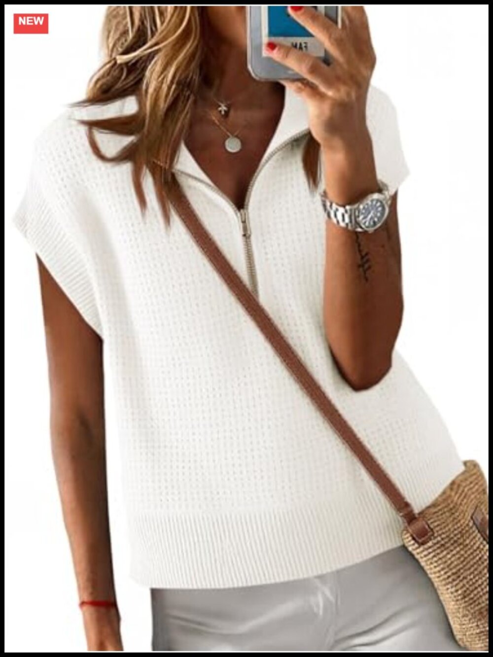 Women's Cropped Knit Half Zip Pullover Sweater Vest Lightweight Oversized Cap